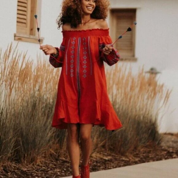 Anthropologie Off Shoulder Embroidered Boho Dress Small Red Cotton Summer Tassel - Picture 2 of 10